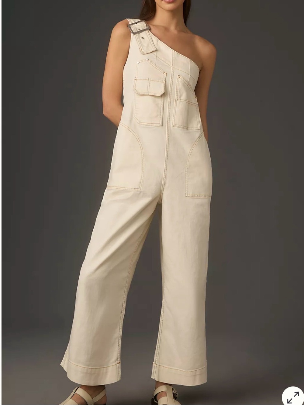 Pilcro by Anthropologie One-Shoulder Cream Utility Overalls Size:S